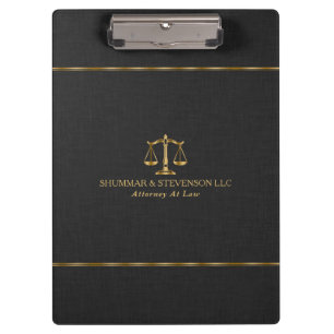 Attorney At Law-Gold Scale & Border On Black Linen Clipboard