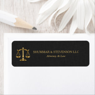 Attorney At Law-Gold Scale & Border On Black Linen Return Address Label