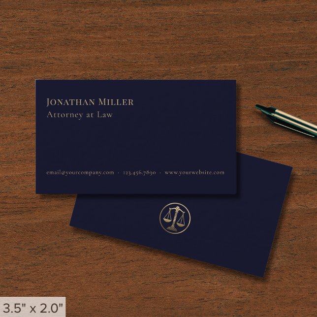 Attorney at Law Navy Blue Gold Scales of Justice Business Card (Creator Uploaded)