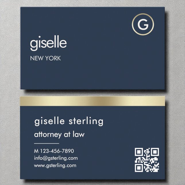 Attorney at Law Navy Blue QR Code Gold Monogram  Business Card (Creator Uploaded)