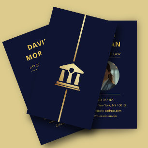 attorney at law office logo lawyer photo Navy gold Business Card