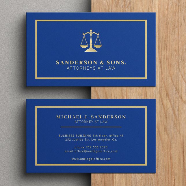 Attorney at law professional elegant gold blue business card (Creator Uploaded)