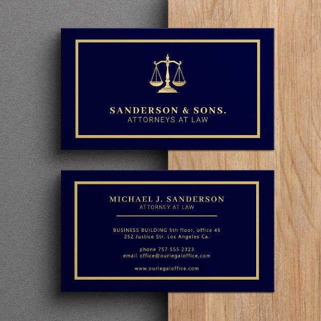 Attorney at law professional elegant gold navy business card (Creator Uploaded)