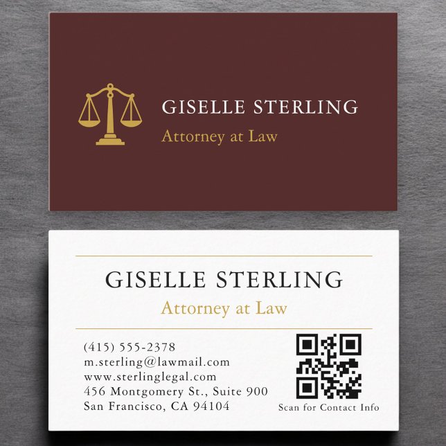 Attorney at Law QR Code Burgundy Gold Professional Business Card (Creator Uploaded)