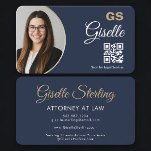 Attorney at Law QR Code Photo Navy Blue Gold  Business Card