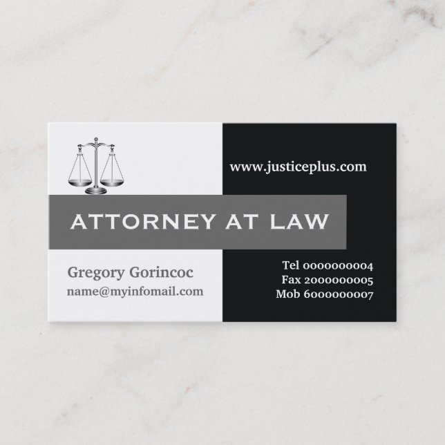 Attorney at law scale of justice grey, black business card (Front)