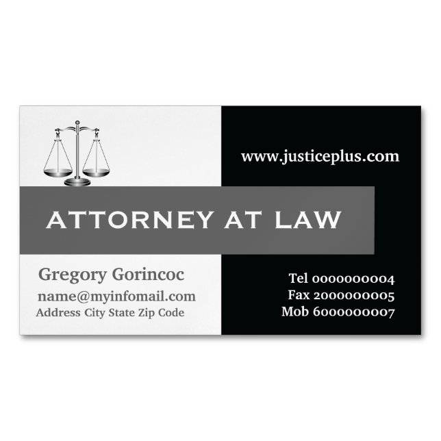Attorney at law scale of justice grey, black 	Magnetic business card (Front)