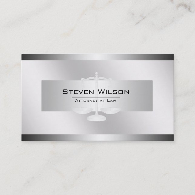 Attorney At Law White and Silver Steel Legal Scale Business Card (Front)