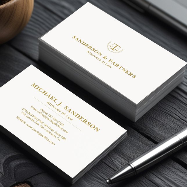 Attorney classic luxury gold white law firm lawyer business card (Creator Uploaded)