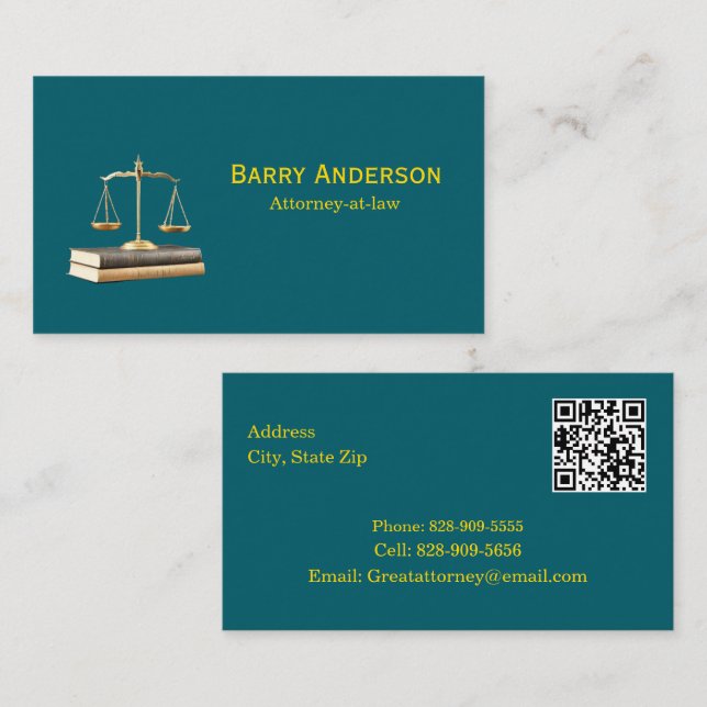 Attorney Justice Scales & Books with QR code Business Card (Front/Back)