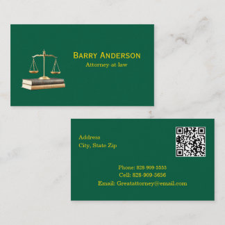 Attorney Justice Scales & Books with QR code Business Card