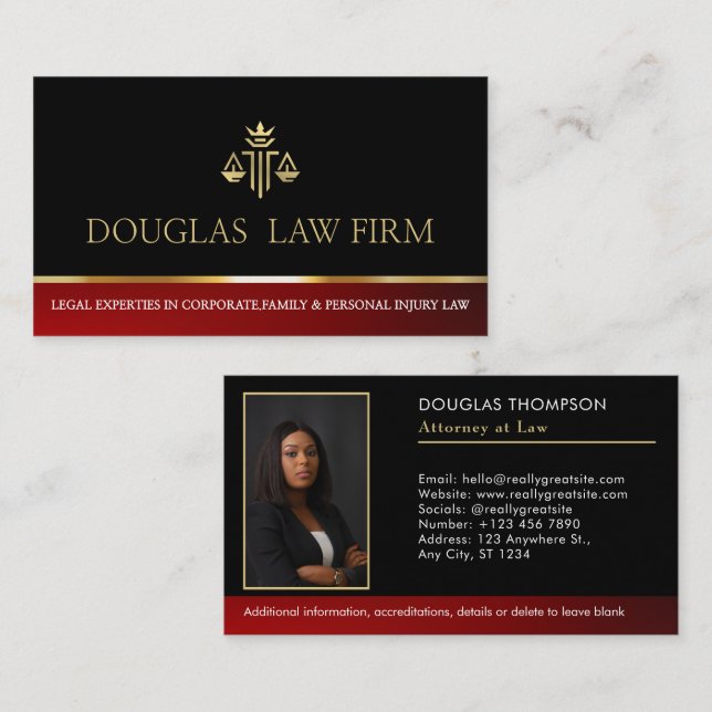 Attorney Law Firm Lawyer Photo Modern Professional Business Card (Front/Back)