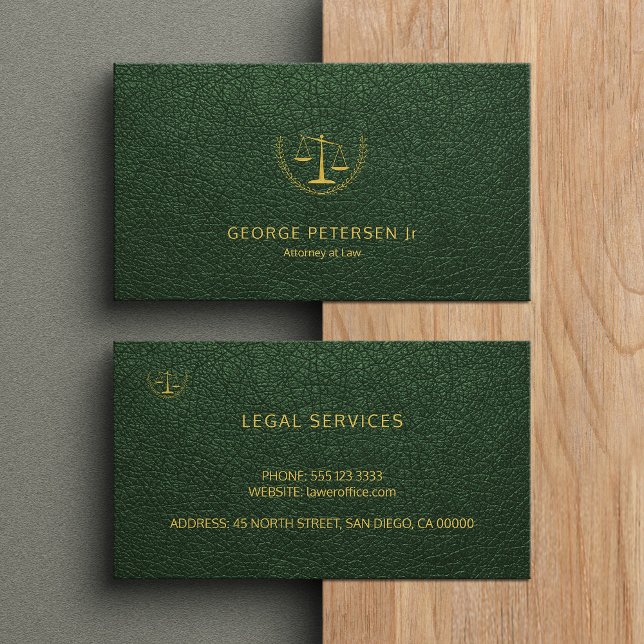 Attorney luxury gold scale dark green leather look business card (Creator Uploaded)