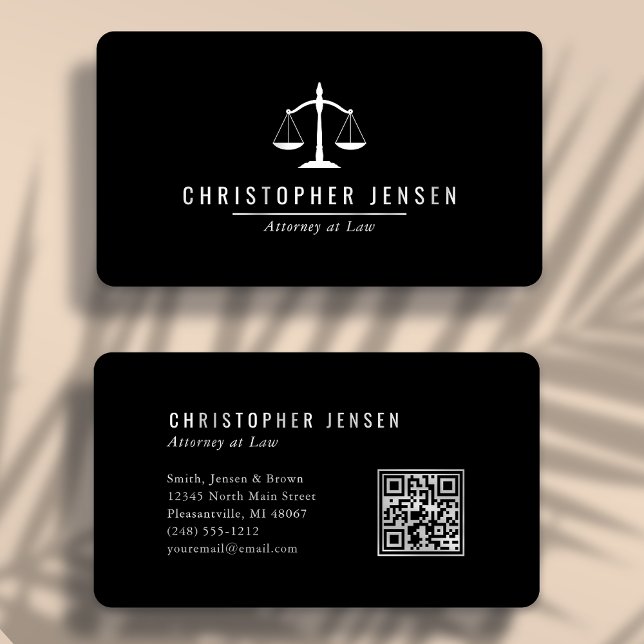 Attorney QR Code Black White Scales Simple Rounded Business Card (Creator Uploaded)
