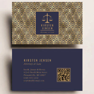 Attorney QR Code Blue Gold Geometric Deco Pattern Business Card