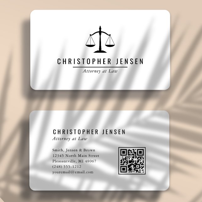 Attorney QR Code White Black Scales Simple Rounded Business Card (Creator Uploaded)