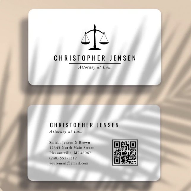 Attorney QR Code White Black Scales Simple Rounded Business Card (Creator Uploaded)