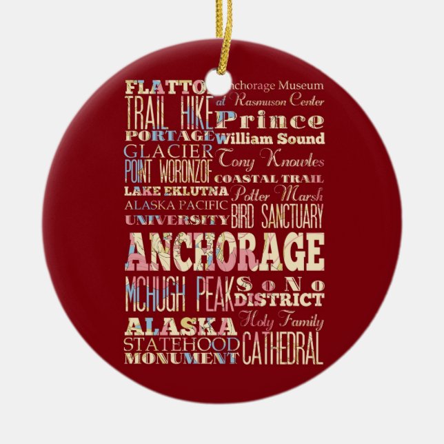 Attractions & Famous Places of Anchorage, Alaska. Ceramic Tree Decoration (Front)