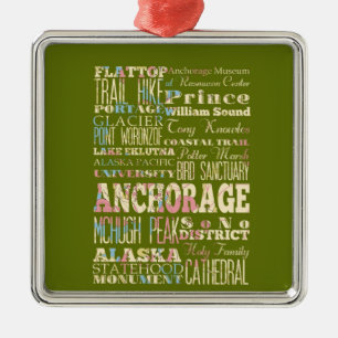 Attractions & Famous Places of Anchorage, Alaska. Metal Tree Decoration