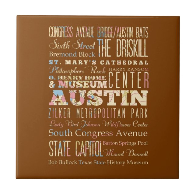 Attractions & Famous Places of  Austin, Texas. Ceramic Tile (Front)