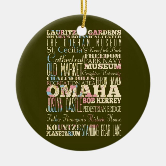 Attractions & Famous Places of Omaha, Nebaska. Ceramic Tree Decoration (Front)