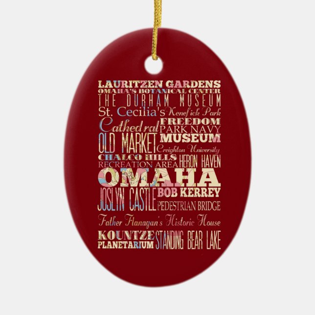 Attractions & Famous Places of Omaha, Nebraska. Ceramic Tree Decoration (Front)