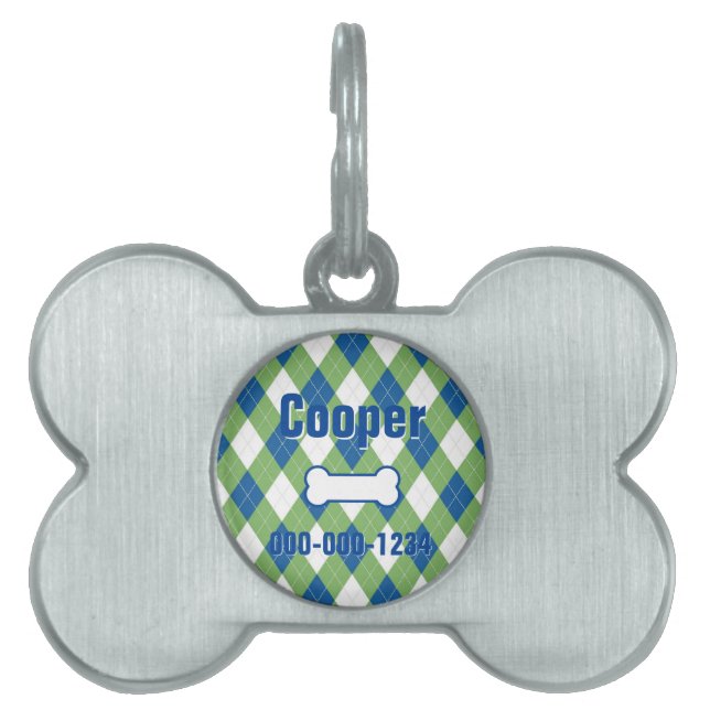 Attractive Blue Green Argyle Framed Pet ID Tag (Front)
