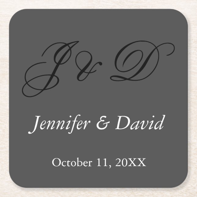 Attractive Calligraphy Script Monogram Wedding Square Paper Coaster (Front)