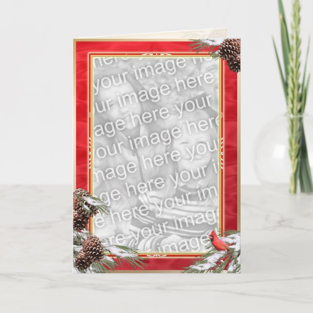 Attractive Cardinal and Pine Cones on a Red Satin Holiday Card (Front)