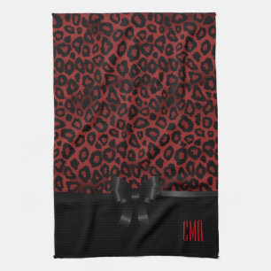 Attractive Dark Red Leopard Animal   Monogram Tea Towel