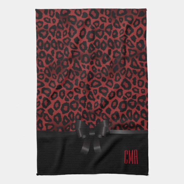 Attractive Dark Red Leopard Animal | Monogram Tea Towel (Vertical)