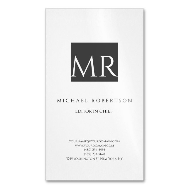 Attractive Monogram Black White Modern Magnetic Business Card (Front Vertical)