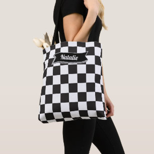 Attractive monogram Chequered Black and white Cool Tote Bag