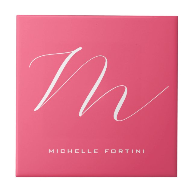 Attractive Monogram Pink White Modern Plain Ceramic Tile (Front)