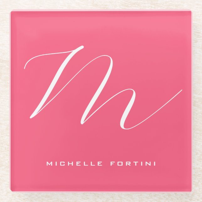 Attractive Monogram Pink White Modern Plain Glass Coaster (Front)