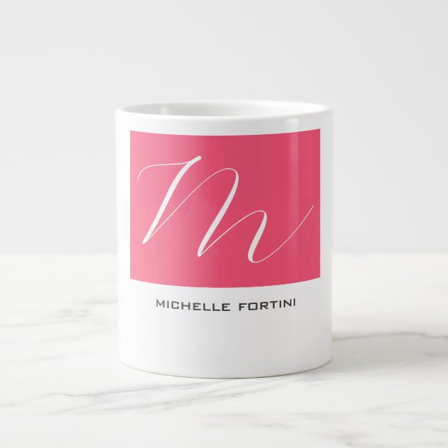 Attractive Monogram Pink White Modern Plain Large Coffee Mug (Front)