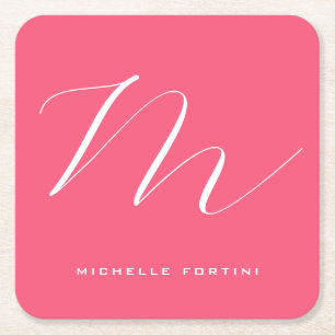 Attractive Monogram Pink White Modern Plain Square Paper Coaster