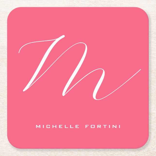 Attractive Monogram Pink White Modern Plain Square Paper Coaster (Front)