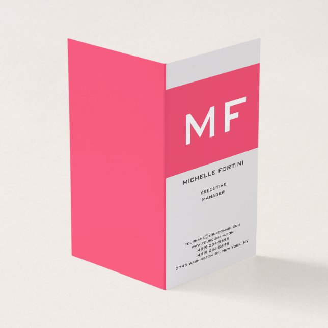 Attractive Monogram Pink White Premium Grey Business Card (Outside)
