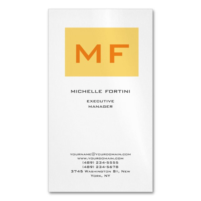 Attractive Monogram Yellow White Modern Minimalist Magnetic Business Card (Front Vertical)