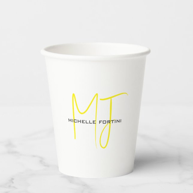 Attractive Monogram Yellow White Modern Minimalist Paper Cups (Front)