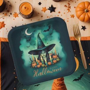 Attractive & Mystical Halloween Witch Conjures Paper Plate