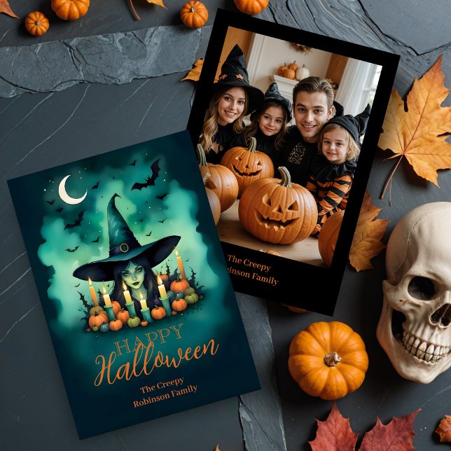 Attractive Mystical Halloween Witch Conjures Photo Card (Attractive & Mystical Halloween Witch Conjures Enchanting Spells Amid Glowing Candles Cards)