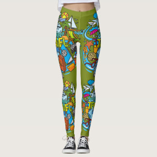Attractive travel cartoon artwork olive green leggings