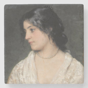 Attractive Young Woman with a Pearl Necklace Stone Coaster