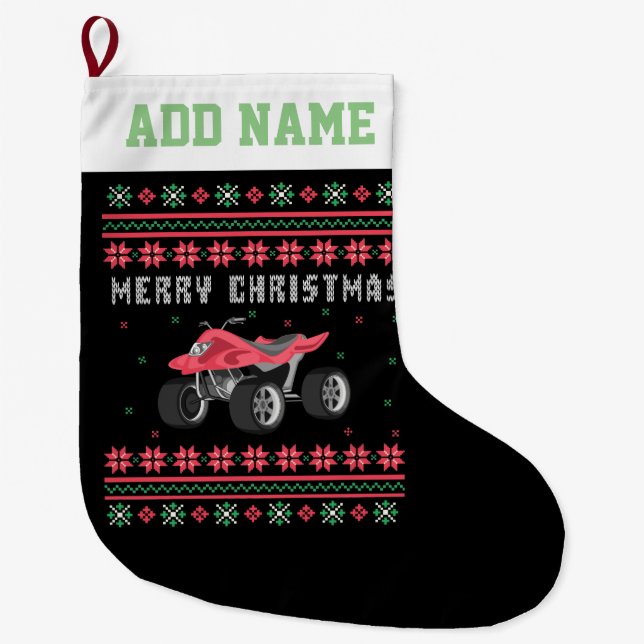 ATV 4 Wheeler Ugly Christmas Sweater Large Christmas Stocking (Front)