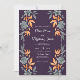 Aubergine Amber Leaf Wedding Invitation