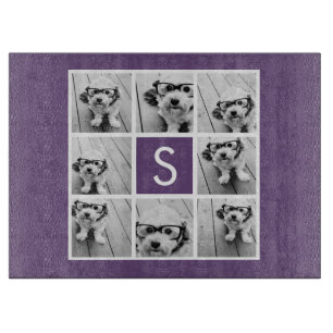 Aubergine and White Photo Collage Custom Monogram Cutting Board