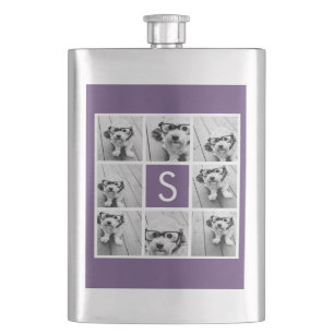 Aubergine and White Photo Collage Custom Monogram Hip Flask