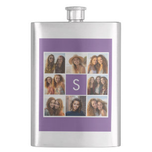 Aubergine and White Photo Collage Custom Monogram Hip Flask